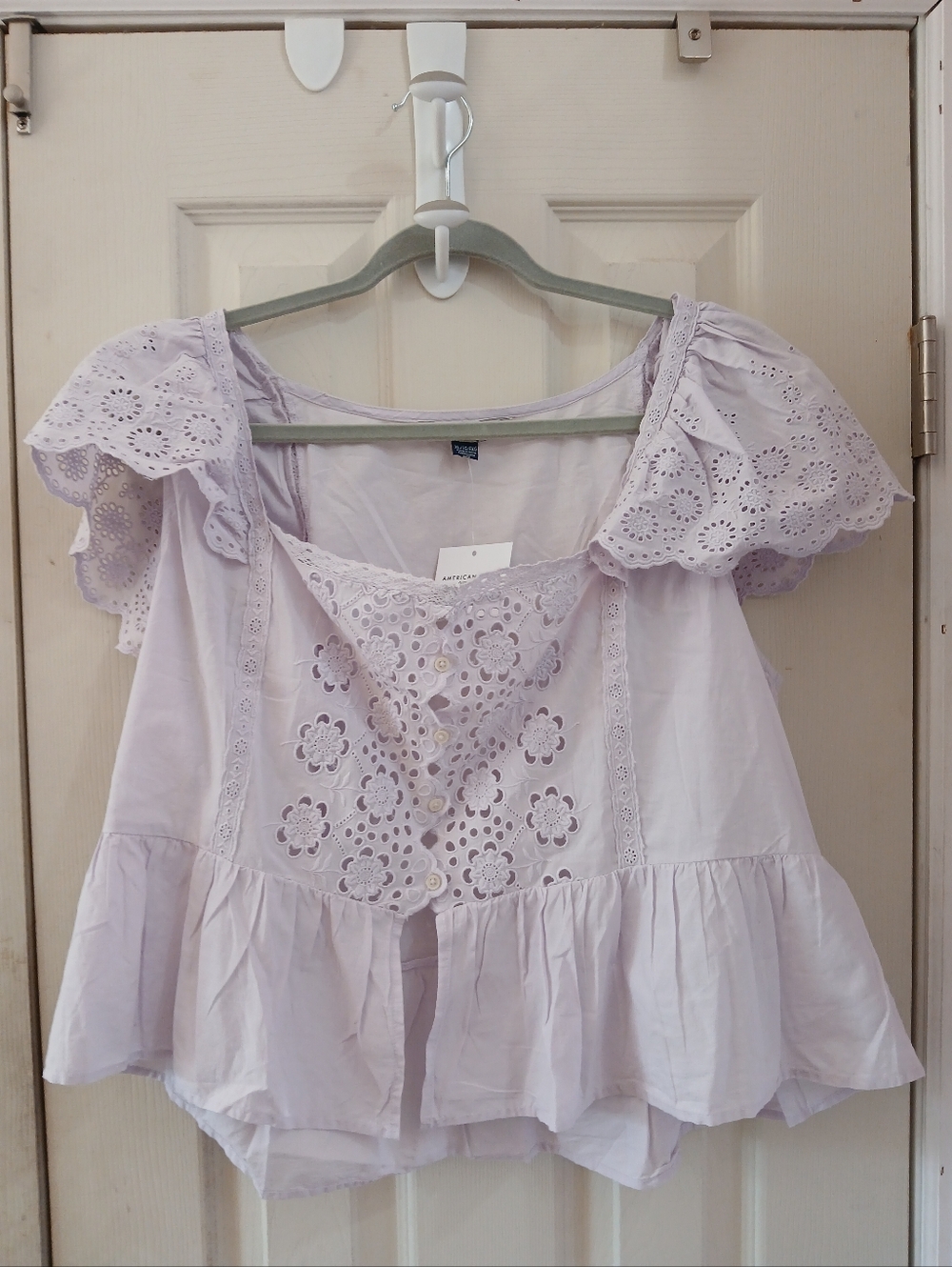 American Eagle Soft Purple 100% Cotton Flutter Sleeve Peplum Top Size XL Peasant - Picture 12 of 12